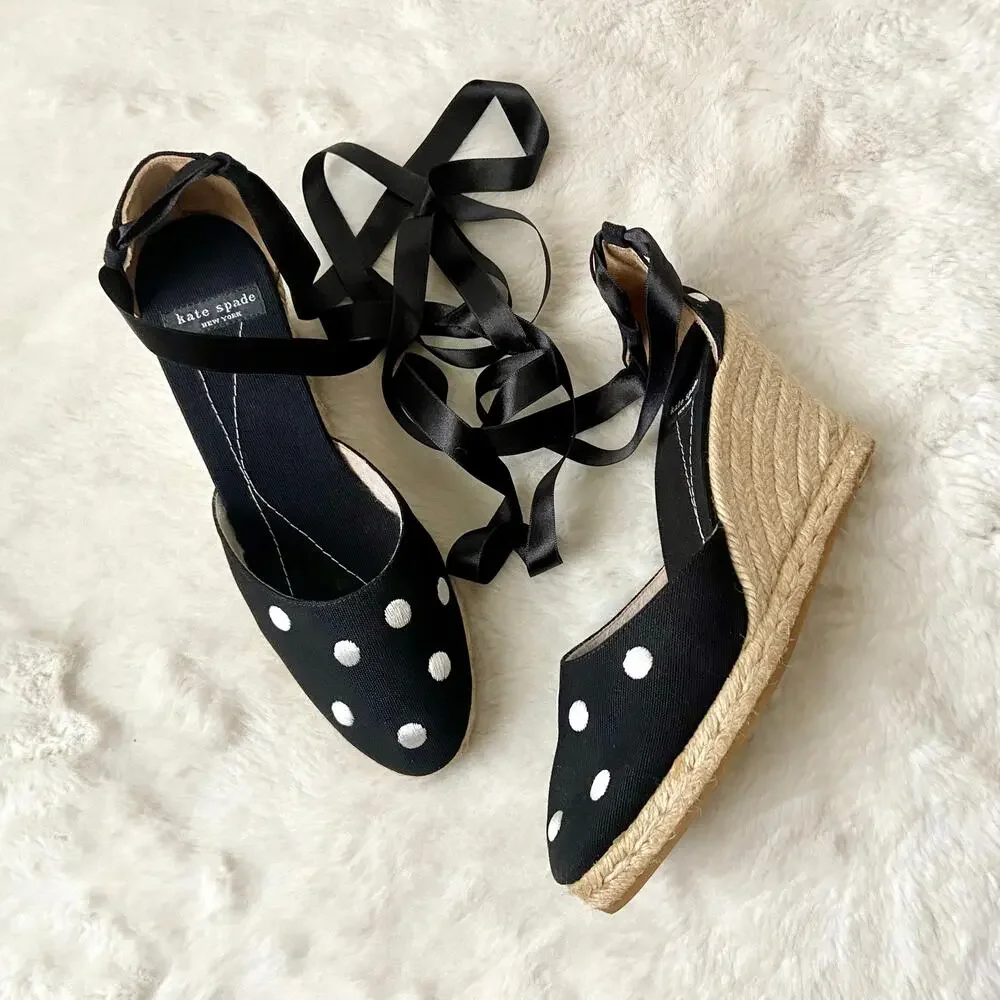 Kate Spade Isabella Polka Dot Wedge Espadrilles Black Canvas 8B